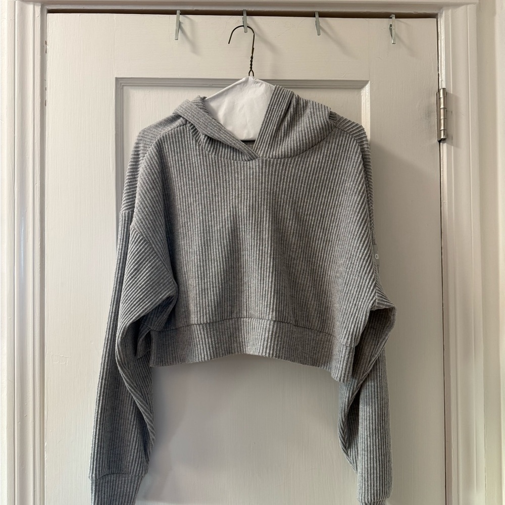 Alo Gray Ribbed Hoodie Crop Top size small